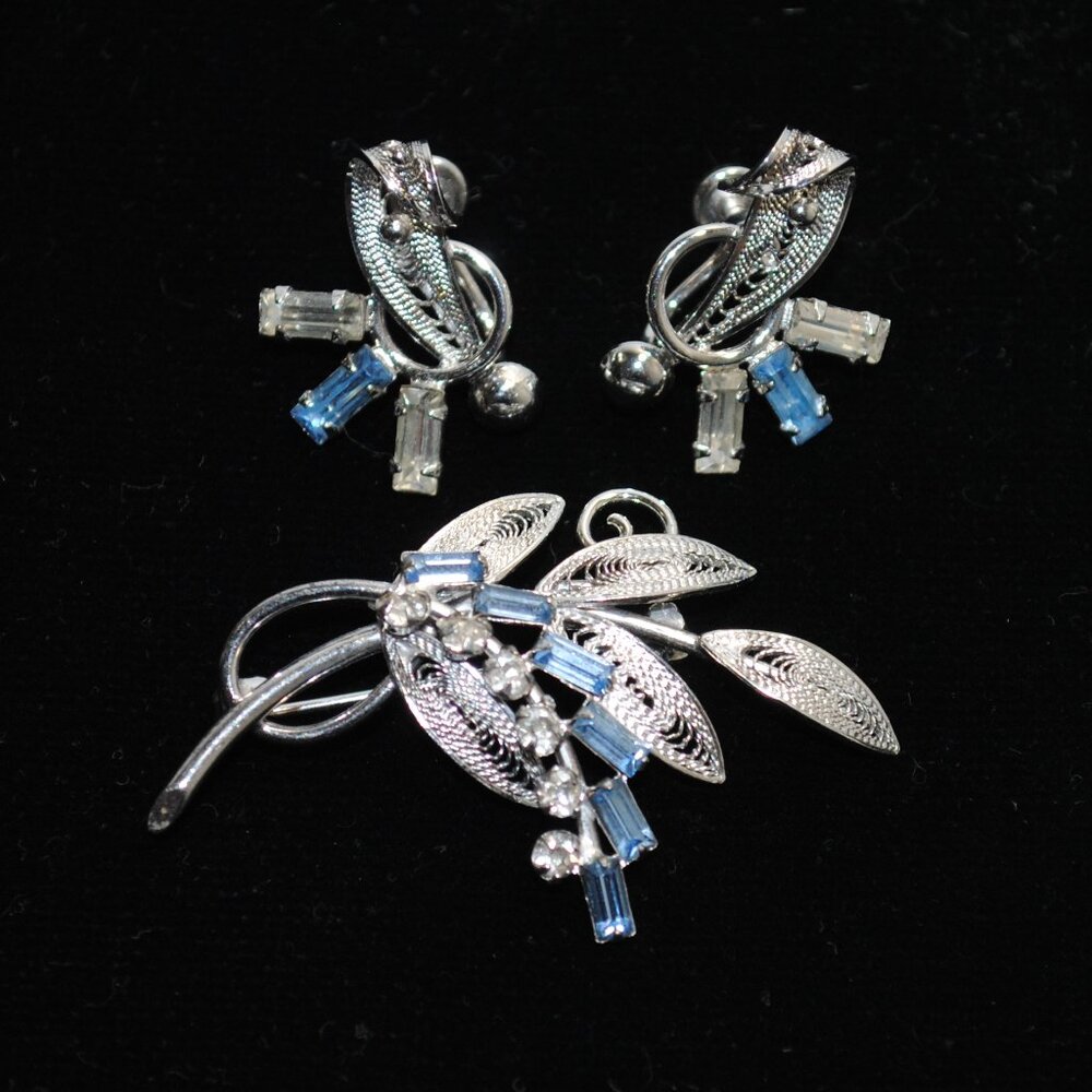 Vintage Carl Art Sterling Leaf Matching Brooch & Earring Set Rhinestones